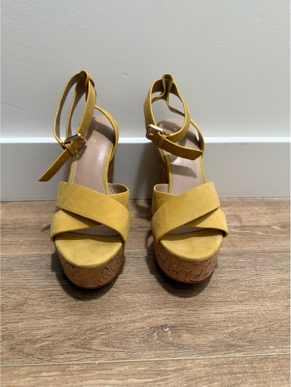 Aldo Yellow 5.5” Suede Cork Wedge Sandals Size 8.5